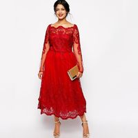 Wholesale Red Lace Boat Neck Plus Size Mother of The Bride Dress Long Sleeve Tea Length Wedding Guest Party Gown Vestido Mae Da Noiva