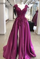 Wholesale purple Elegant Long prom Dresses abendkleider v neck cap sleeves Sexy High Slit Beaded Applique flowers stain Formal Evening Gown