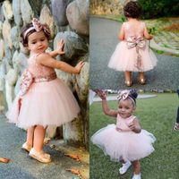 Wholesale Cute Blush Pink Toddler Pageant Dresses Jewel Neck Lace Bodice Tull Skirt Short Kids Prom Dresses with Shiny Sequined Fabric Bow Sash