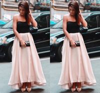 Wholesale Pink Skirt A Line Evening Dresses Strapless Prom Dresses Black Top Satin Ankle Length Party Gown Custom semi formal Occasion Dresses