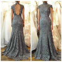 Wholesale Backless Open Back Cheap Sexy Formal Evening Gowns Christmas Prom Party Dresses Celebrity Dress Grey With Lace High Neck Short Sleeves
