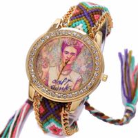 Wholesale Rainbow Geneva Watch Women vintage hippie Mexican Rhinestone Style dial Fridas Fashion wristwatch Lace Chain Braid Reloj