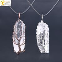 Wholesale CSJA Natural White Clear Crystal Pillar Big Pendants Antique Copper Wire Wrapped Tree of Life Quartz Pendant Leather Chain Necklace F554