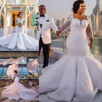 Wholesale Gorgeous South Africa Wedding Dress Sparkle Sequins Beads Lace Applique Long Sleeve Bridal Gown Plus Size Mermaid Wedding Dresses