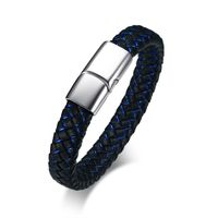 Wholesale Black and Blue Genuine Leather Mens Bracelets Bangle Euro US Style Stainless Steel Male Jewelry