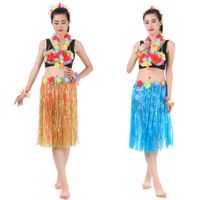 Wholesale CM Hawaiian Costume Plastic Fibers Grass Skirts Hula Skirt with Flower Ladies Dress Up Color Random
