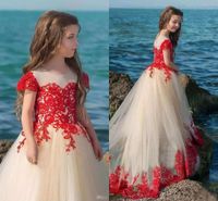 Wholesale Red Lace Girls Pageant Dress Fashion Cap Sleeve Champagne Tulle Long A Line Toddler Evening Party Gown Kids Prom Dresses