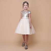 Wholesale Real Sample High Quality Flower Girls Dresses Sparkly Gold Sequins Kids Knee Length Formal Wedding Party Gowns Sleeveless Open Back Bow Sash