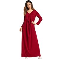 Wholesale Womens maxi dress Solid ruffles draped design fashion casual muslim home wear dresses red V neck long sleeve Spring