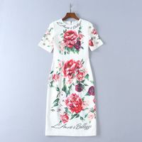 Wholesale Europe and the United States women s clothing New Summer Short sleeved peony print Fashion beaded button dress