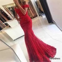 Wholesale Off The Shoulder Beaded Lace Applique Backless Red Mermaid Prom Dresses Long Party Prom Gown Formal Dubai Evening Dresses Robe De Soire