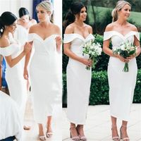 Wholesale 2018 Simple White Satin Sheath Bridesmaid Dresses Sexy Off the Shoulder Tea Length Maid of Honor Gown Wedding Guest Dress Plus Size BC0180