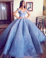 Wholesale Luxury Baby Blue Ball Gown Quinceanera Dress Satin Applique Off Shoulder Court Train Sweet Dresses Prom Quinceanera Gowns Custom Made