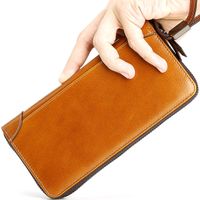 Wholesale Male Vintage Business Long Wallet Oil Wax Genuine Leather Zipper Clutch Purse Cell Phone Card Holder Money Bag Men Wristlet Clutch Wallet