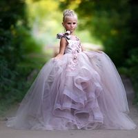 Wholesale 2018 Pretty Flower Girl Dresses D Floral Appliques Bow Gilrs Pageant Dress Fashion Fluffy Tulle Long Birthday Dress Toddler Graduation Gown