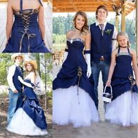 Wholesale Camo West Cowboy Style Wedding Dresses Strapless White and Navy Blue Long A Line Bridal Gowns for Outdoor Wedding Custom Plus Size