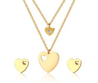 Wholesale Women Dainty Cubic Zirconia Double Heart Layer Chains Necklace with Heart Earring Studs Set
