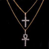 Wholesale Iced Zircon Ankh Cross Necklace Set Gold Silver Copper Material Bling CZ Key To Life Egypt Cross Necklace Hip Hop Jewelry