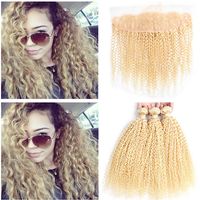 Wholesale Platinum Blonde Virgin Indian Human Hair Weaves Kinky Curly Bundles Deals with Lace Frontal Blonde x4 Ear to Ear Frontal Closure