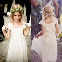 Wholesale Bohemian Beach Cap Sleeves Flower Girl Dresses White Ivory Lace Chiffon Girls Kids Formal Dresses with Sash First Communion