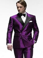 Wholesale New Fashion Double Breasted Purple Satin Groom Tuxedos Groomsmen Peak Lapel Best Man Blazer Mens Wedding Suits Jacket Pants Tie H