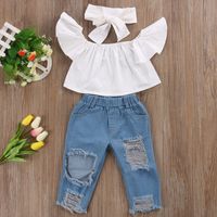 Wholesale New Fashion Children Girls Clothes Off shoulder Crop Tops White Hole Denim Pant Jean Headband Toddler Kids Clothing Sets Baby