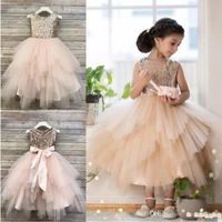 Wholesale Champagne Ball Gown Flower Girl Dresses For Weddings Sequined Toddler Pageant Gowns Tulle Tea Length Tiered Kids Prom Dress