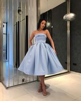 Wholesale Light Blue Short Evening Prom dresses For Girls Simple Under Formal Gowns Strapless Satin ball Gown Party Homecoming Cocktail Dress