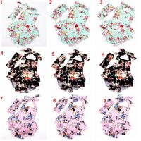 Wholesale INS Baby Floral Print Outfits Fashion Romper Sets Flower Romper Hairband Floral Onesies Headband Overalls Bowknt Kids Clothing Baby Clothes