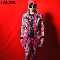 Wholesale Long Purple leopard Collage Jacket pants trousers Men Suit Male costume Nightclub Bar Punk Rock Hip Hop Singer Dancer Performance Costumes