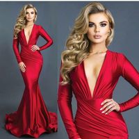 Wholesale Sexy Red V Neck Long Sleeves Mermaid Evening Dresses Ruched Sweep Train Formal Prom Party Dresses