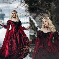 Wholesale New Gothic Sleeping Beauty Princess Medieval Burgundy and Black Wedding Dress Long Sleeve Lace Appliques Victorian Masquerade Bridal Gowns