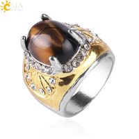 Wholesale CSJA Tiger Eye Cabochon Rings Sector Carved Sparkling CZ Diamond Beads Jewelry Natural Gems Stone Gift for Men Women S112