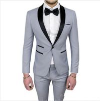 Wholesale Brand New Grey Men Wedding Tuxedos High Quality Groom Tuxedos Black Shawl Lapel Center Vent Men Blazer Piece Suit Jacket Pants Tie