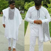 Moda Hombre Vêtements Africains Hommes Dashiki Bazin Costumes Hauts Chemise Pantalon Riche Ensemble 3 Pièces De Broderie Des Vêtements Blancs Mens