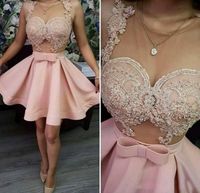 Wholesale Ligth Pink Homecoming Dresses Sheer Neck Lace Appliques Short Prom Dress Sheer Neck See Through Cocktail Party Dress Cheap Gowns