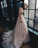 Wholesale 2018 glaring Wedding Dresses Princess deep v neck backless beading wasit see through waist sequined court train Bridal Gowns for bridal