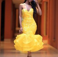 Wholesale Tea Length Yellow Lace Mermaid Prom Dresses Sexy Lace Appliques Tiered Skirt Cocktail Party Dress Girls Formal Wear Cheap Homecoming Dress