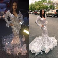 Wholesale Fashion Shining Sequins Long Sleeves Mermaid Prom Dresses V Neck Luxurious Evening Gowns Custom Made Ruffle Buttom Party Gown