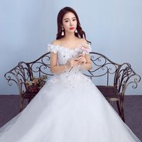 Wholesale 2018 New Real Photo Flowers Boat neck Sweep Brush Train White Lace Trailing Simple Wedding Dresses Custom Made