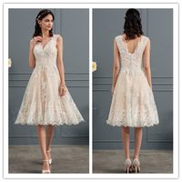 Wholesale 2018 Cute Champagne Lace Short Wedding Dresses Customize Buttons Back Knee Length Bridal Gowns V Neck Plus Size Beach Bridal Dress