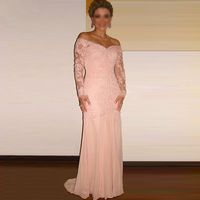 Wholesale Elegant Pink Chiffon Plus Size Sheath Evening Dresses Bride Guest Glamorous Boat Neckline Long Sleeves Appliques Beads Formal Prom Gowns