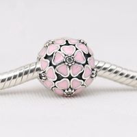 Wholesale Pink Or White Enamel Flower With CZ Sterling Silver Charm Bead Clip For Pandora Bracelet Snake Chain Or Necklace Fashion Jewelry