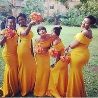 Wholesale 2019 Plus Size Mermaid Long Bridesmaid Dresses african black girl Bateau Neck Nigeria Yellow Ruched Sweep Train african Gowns Vestidos