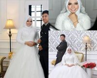 Wholesale 2018 Modest Muslim Arabic High Neck Lace Wedding Dresses A Line Long Sleeves Appliqued Hijab Bridal Gowns Plus Size