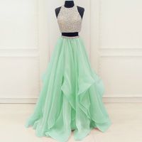 Wholesale Mint Organza Ruffles Crystals Beading Sequins Two Piece Prom Dress A line Cutout Back Long Evening Gowns