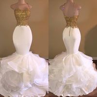 Wholesale New Designer Gold And White Mermaid Evening Dresses Spaghetti Backless Ruffles Appliques Prom Gowns Pageant Dress Formal robe de soiree