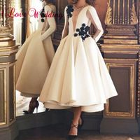Wholesale Arabic Style Jewel Collar Long Sleeves Black Flower Applique Natural Waist Tea Length A Line Bridal Wedding Dresses