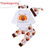 Wholesale INS Set My st Thanksgiving Newborn Baby Boys Girls Long Sleeve Cotton Romper Tops Long Pant Trouser Headband Hat Outfits Clothes