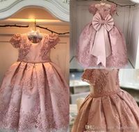 Wholesale Luxurious Ball Gown Flower Girl Dresses Blush Pink Pearls Bow Floor Length Jewel Kids Formal Wear